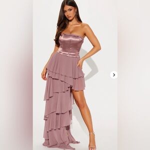 KENDRA RUFFLE MAXI DRESS-Elegant Mauve Strapless Layered Dress JL